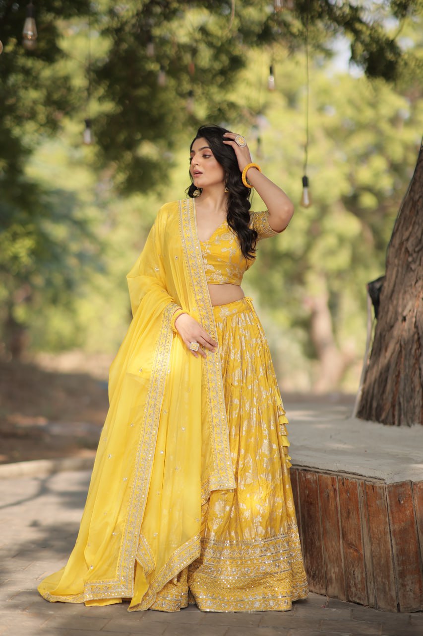 Pranshi yellow viscose jacquard lehenga choli set