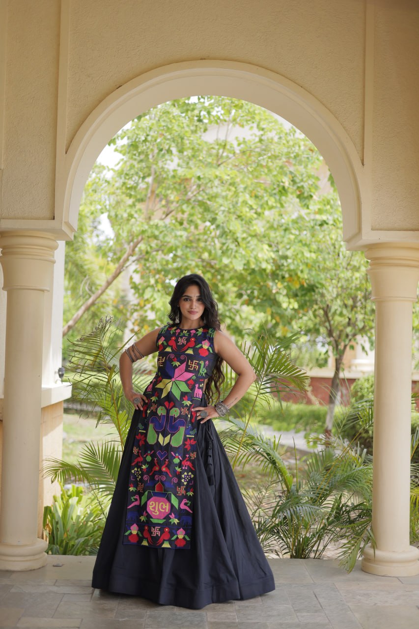 Ekta Black Cora Cotton Gamthi Embroidered Lehenga Choli