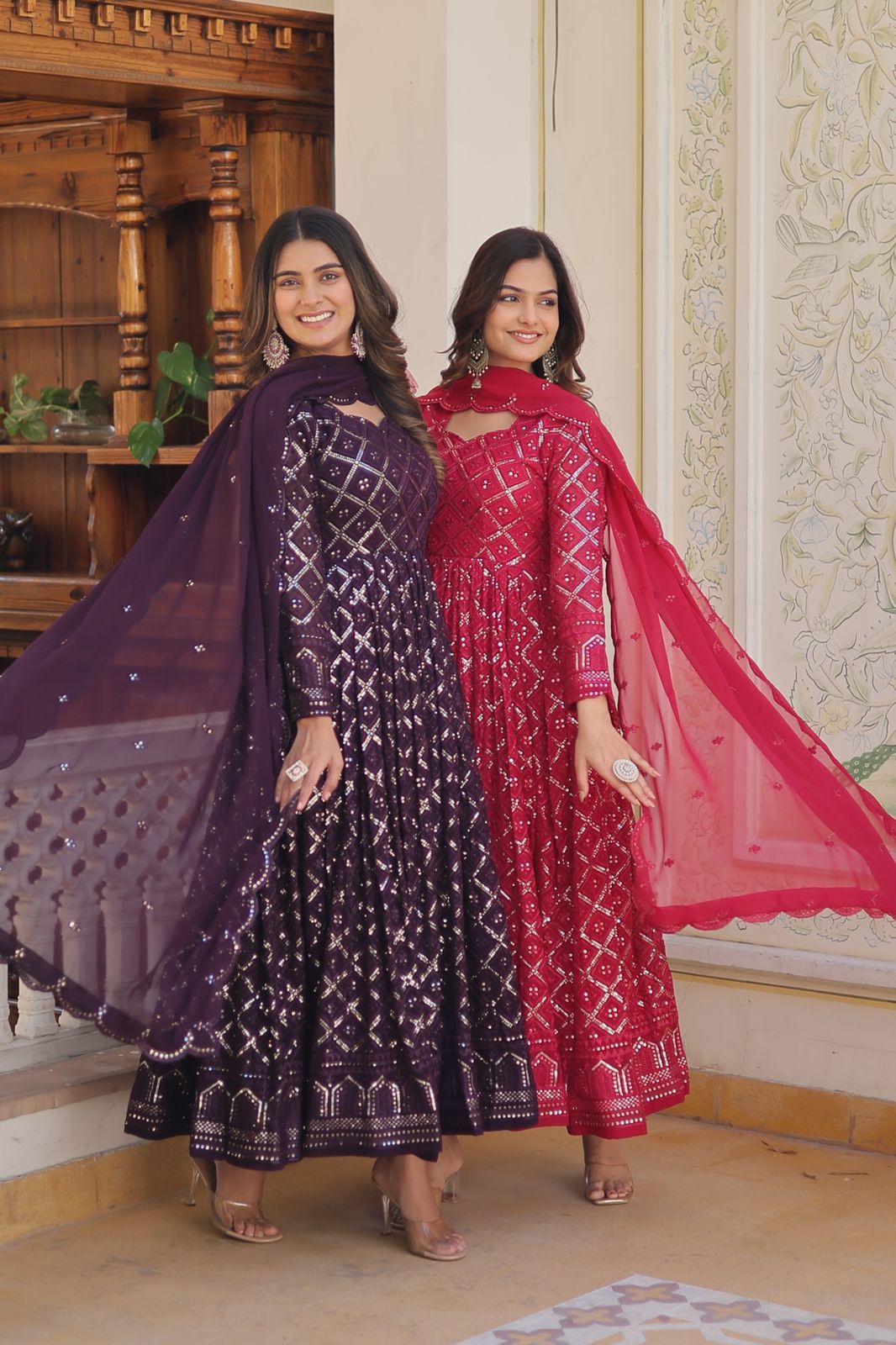 Royal purple blossom floral gown with dupatta
