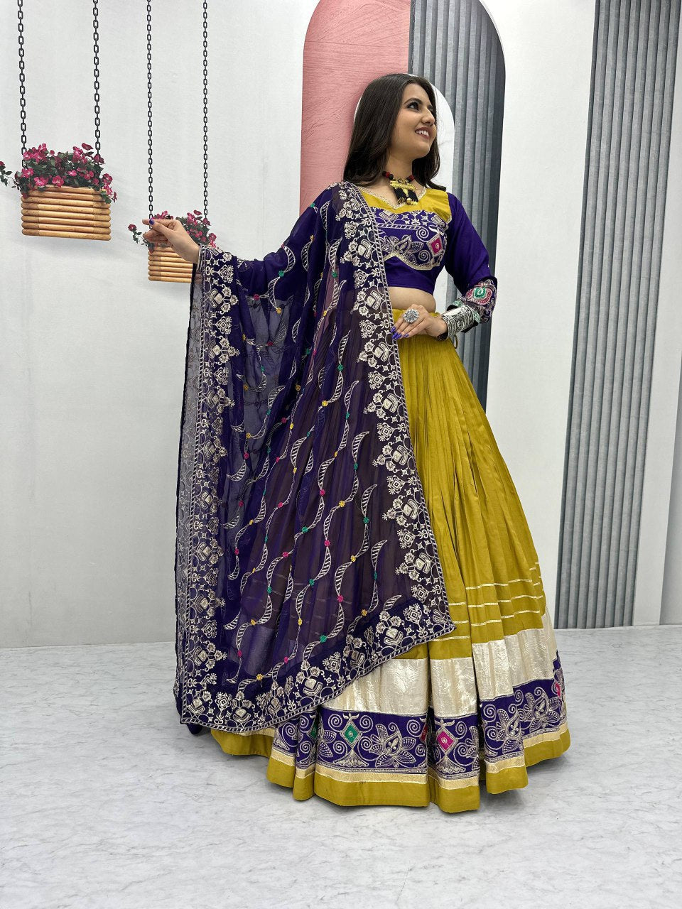Mustard Yellow Pure Cotton Embroidered Sequins Work Lehenga Choli