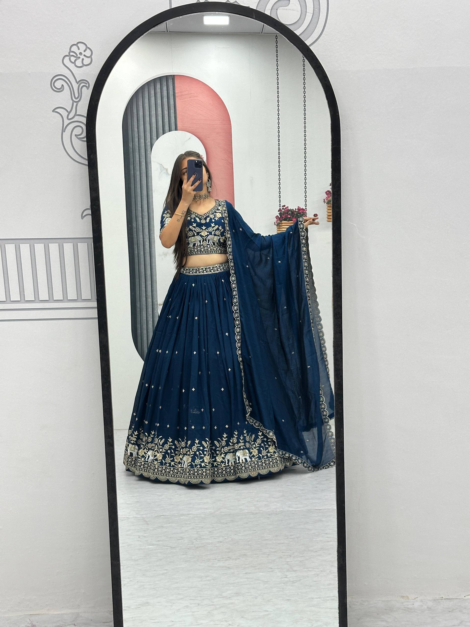 Gopi Teal Blue Vichitra Silk Embroidery Sequins Thread Work Lehenga Choli