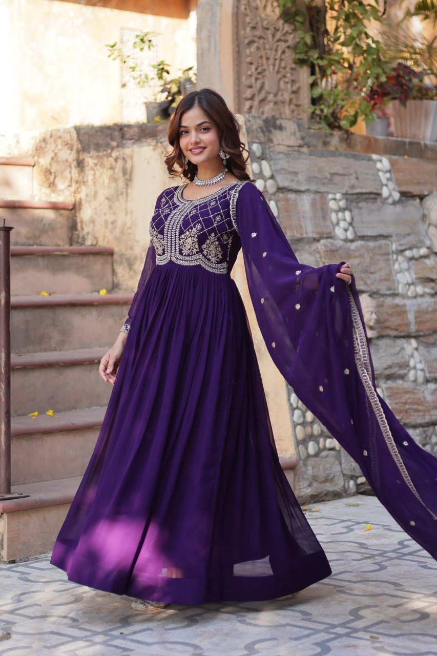 Chamvika Purple Designer Gown with Dupatta – party wear gown for women, long gown for wedding, Indian ethnic gown online, sequin embroidered gown, purple gown for reception, full sleeve gown dress, Indo western gown for girls, traditional Indian wear, stylish gown for engagement, readymade gown for festival, bridal gown with dupatta.