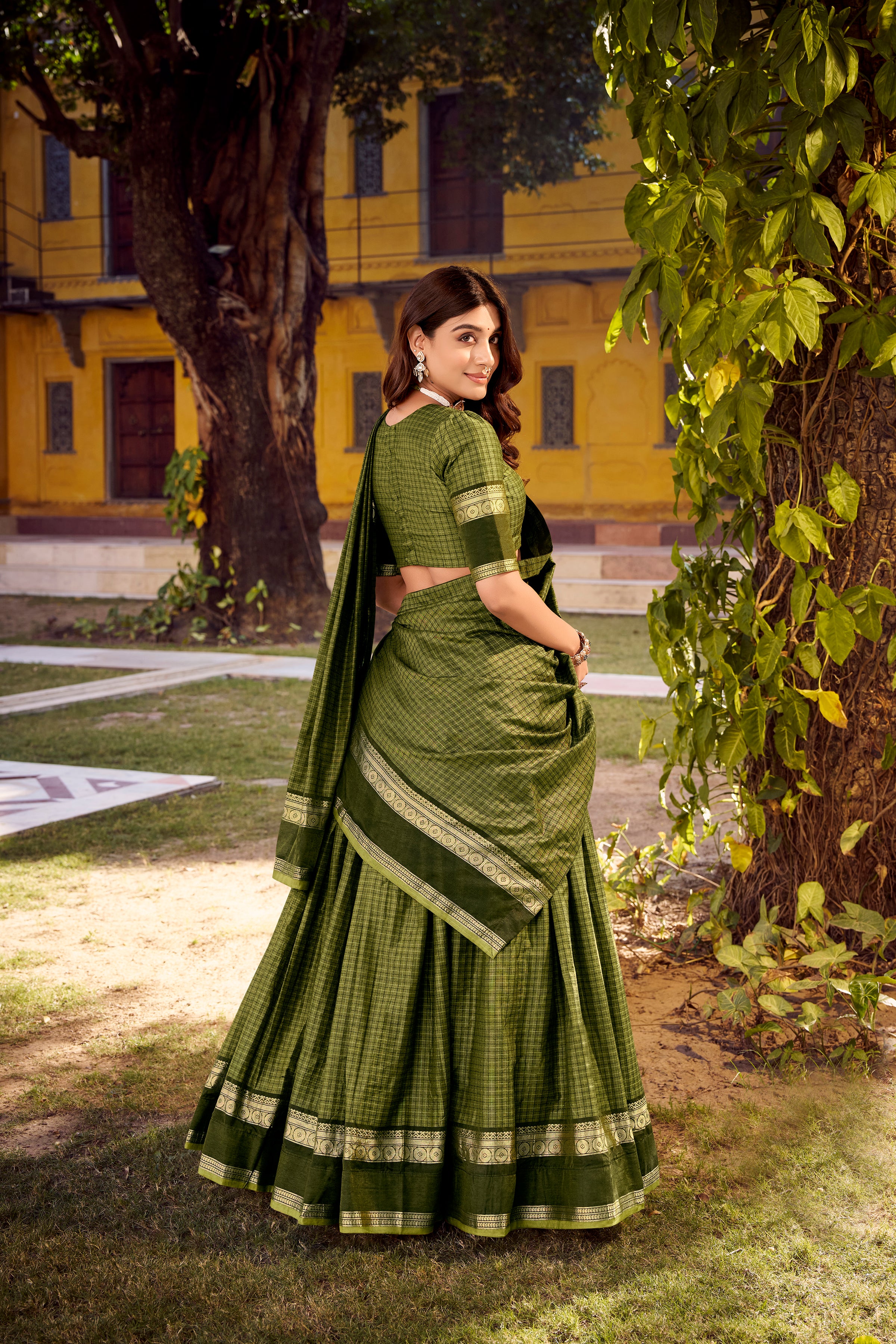 Rimi Green Color Chettinad Cotton Chex With Zari Weaving Work Half-Saree Lehenga