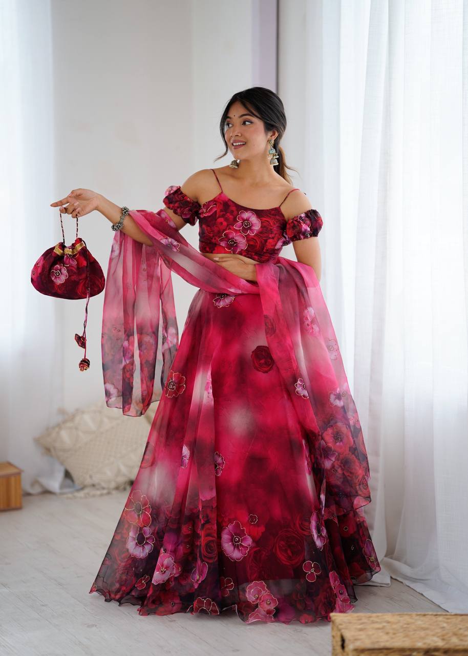 Red pure organza digital print zari work lehenga choli with batwa bag