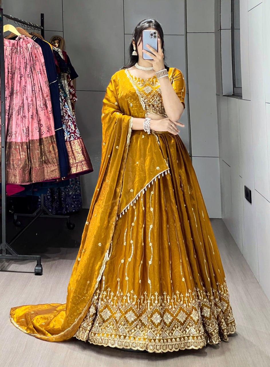 Mustard Yellow Color Fendy Satin Beads Embroidered Lehenga Choli with Dupatta