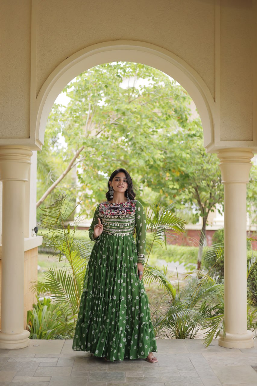 Lavanya Green Faux Georgette Bandhani Kutchi Patchwork Gown
