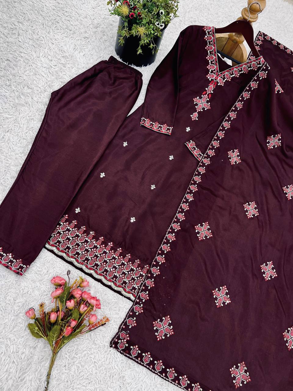 Anvitha Pure Chinon Silk Brown Kurti Set with Dupatta