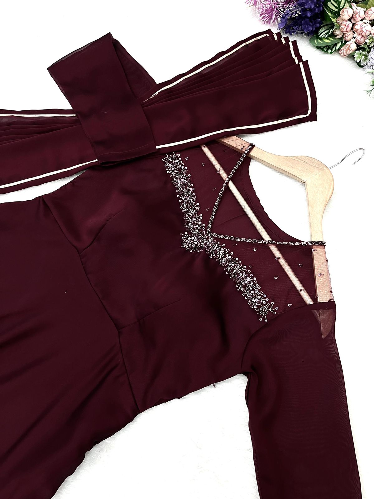 Manha Wine Georgette Embroidered Anarkali Gown Set