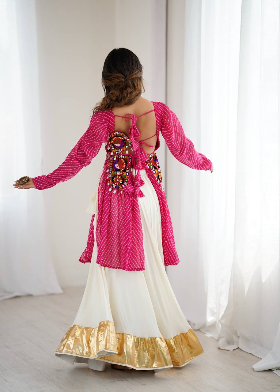 Pink Georgette Top with Digital Print and Thread Work Butter Silk Gota Patti Work Lehenga