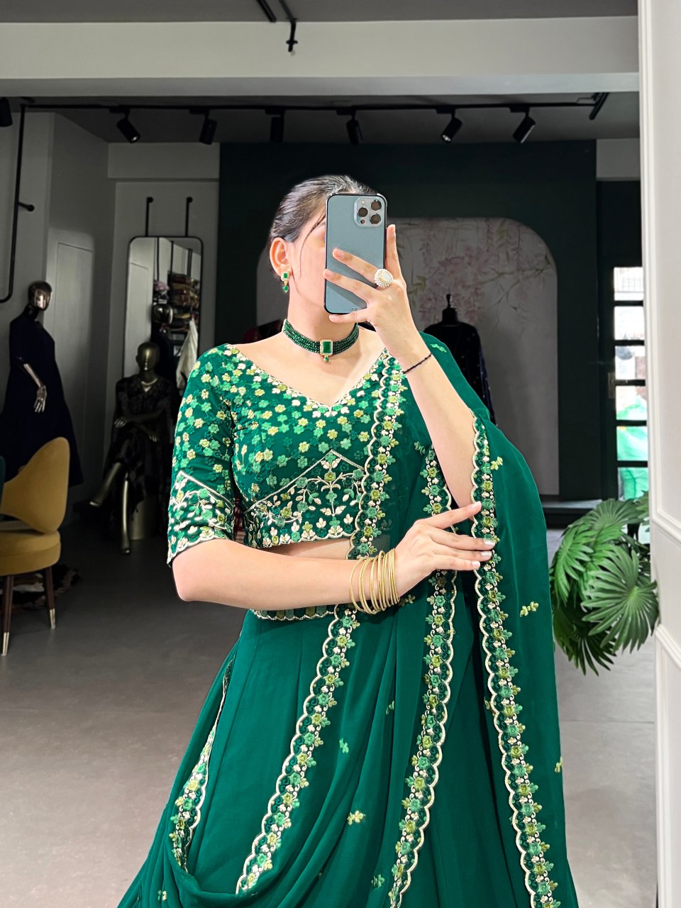 Emerald green georgette thread embroidery work lehenga choli