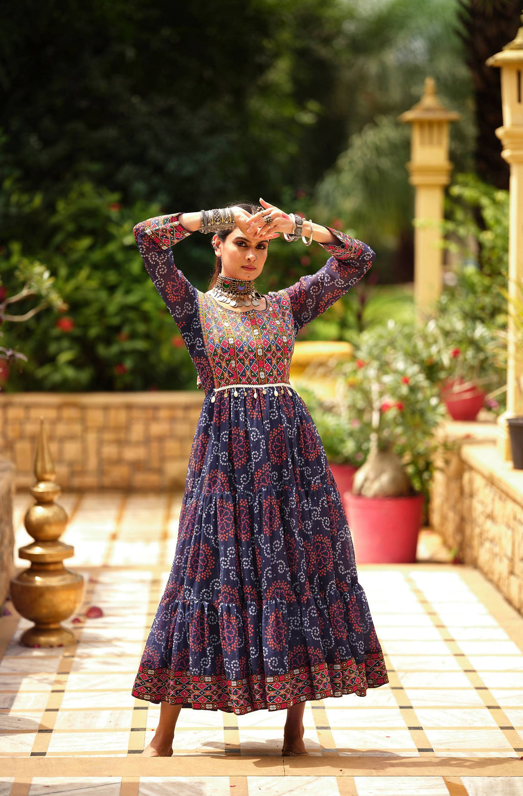 Navy Blue Faux Georgette Gamthi Jacquard Weaving Lace Border Three Layer Ruffle Flair Gown