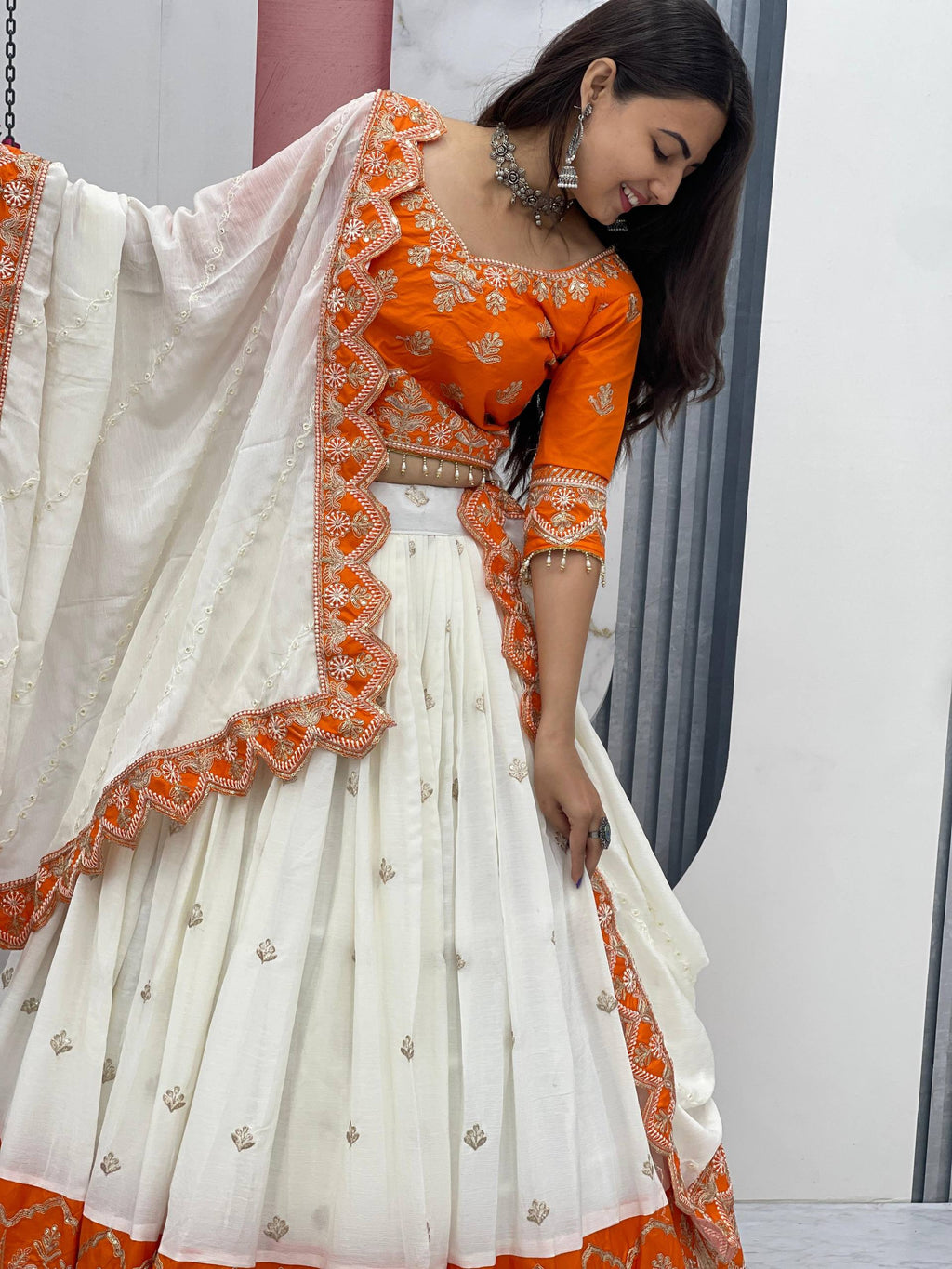 Orange chinon heavy embroidery lehenga choli with dupatta