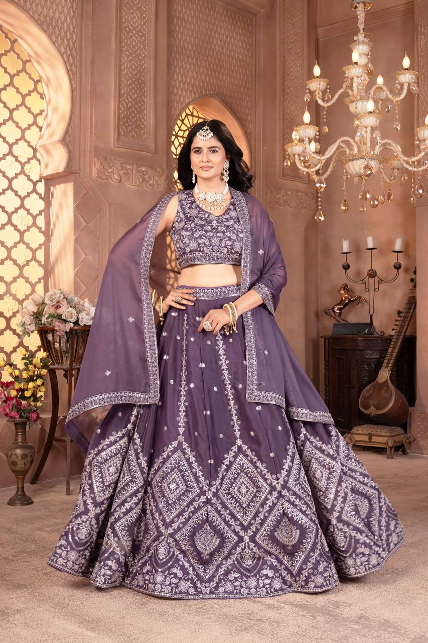 Purple star georgette sequins embroidered lehenga choli with dupatta