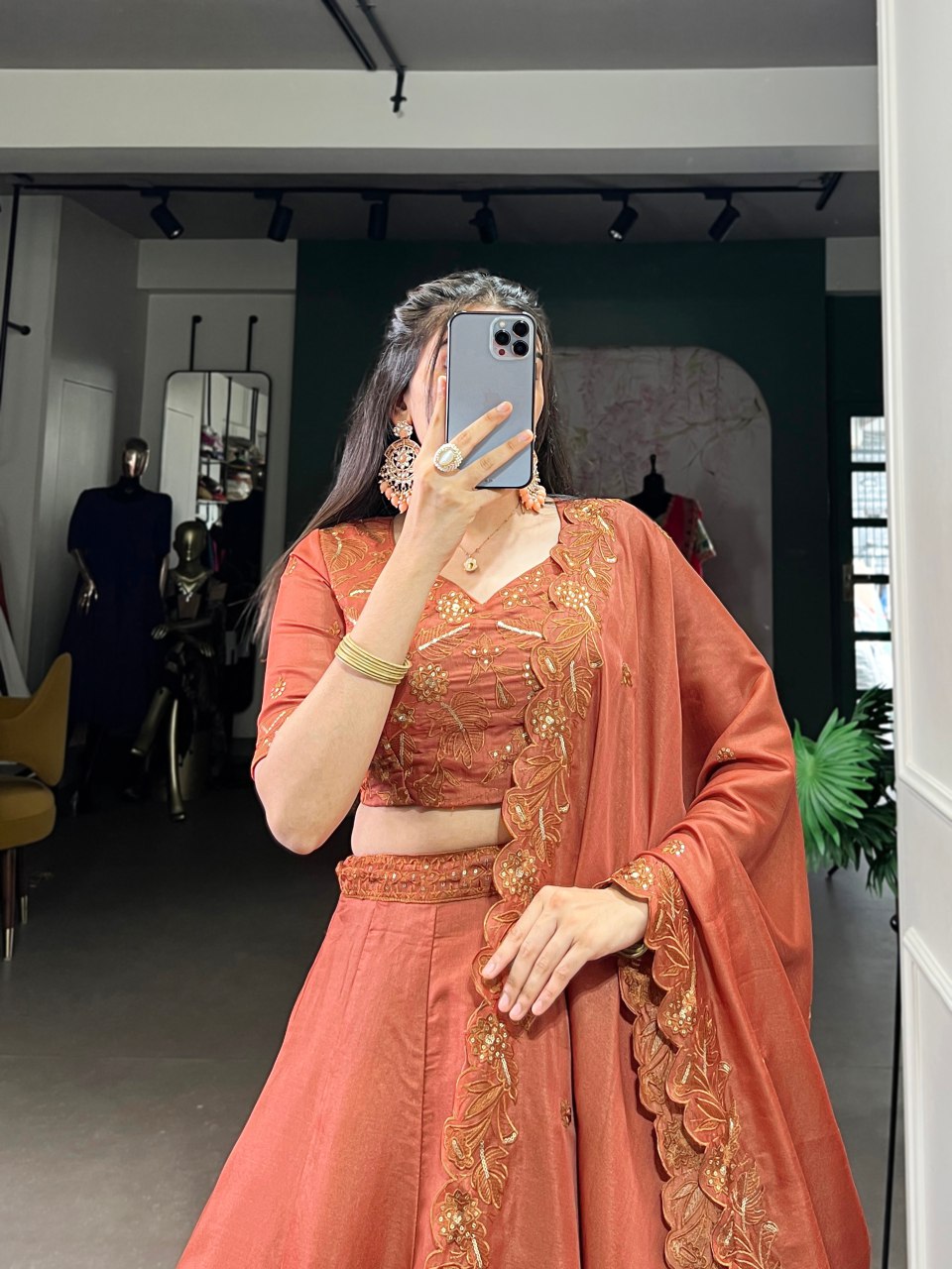Rust orange Tussar silk sequins and thread embroidery lehenga choli