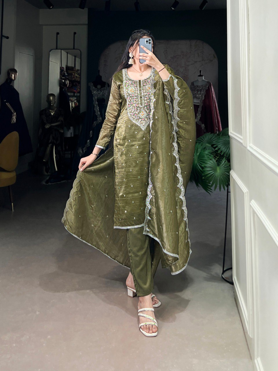 Green gold crush kurti set with dupatta for women, embroidered kurti palazzo set for festive wear, designer kurti set for Diwali and Karwa Chauth, traditional Indian outfit for weddings and sangeet, sequin embroidered kurti with pant and dupatta, party wear ethnic suit for women, gold crush kurti dupatta combo, latest kurti sets for festivals and special occasions.