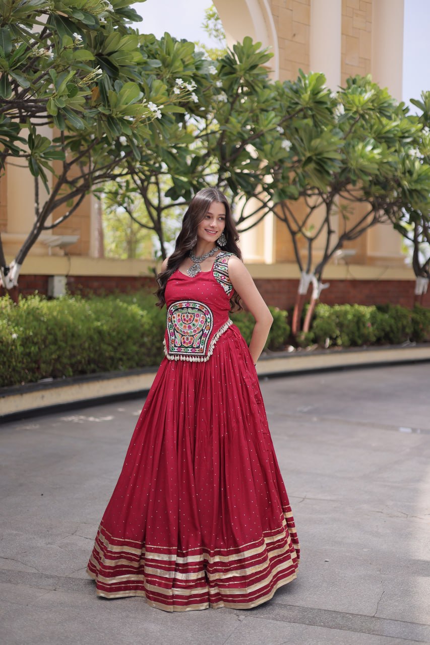 Yashvi Red Reyon Mukesh Patti Lace Lehenga Choli