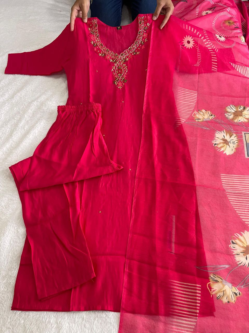 Srija Pink Roman Silk Embroidered Kurti Set with Dupatta