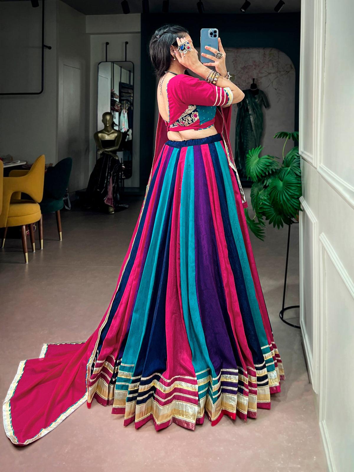 Naina Multicolor Chinon Embossed Lace Lehenga Choli