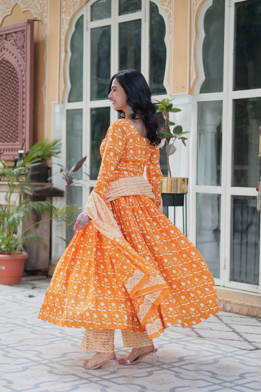 Ridhvini Orange Pure Cotton Printed Anarkali Set