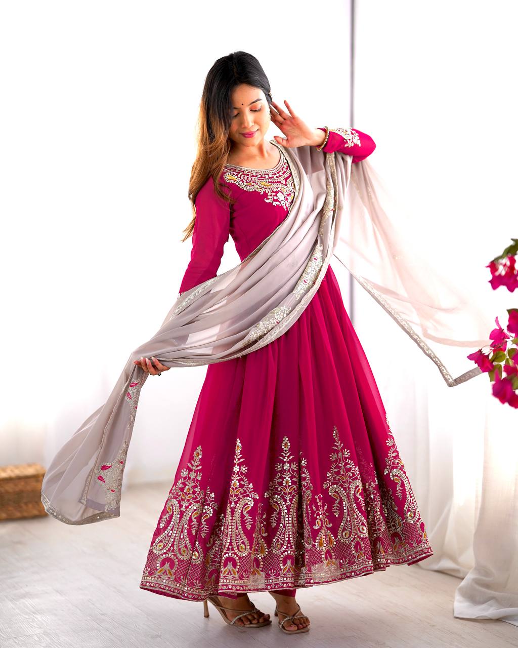Tejvini Georgette Embroidered Pink Gown