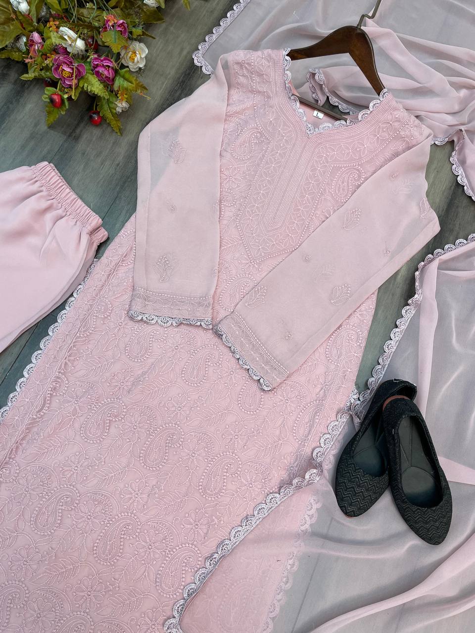 Ramani Peach Georgette Chikankari Embroidery Kurti Set