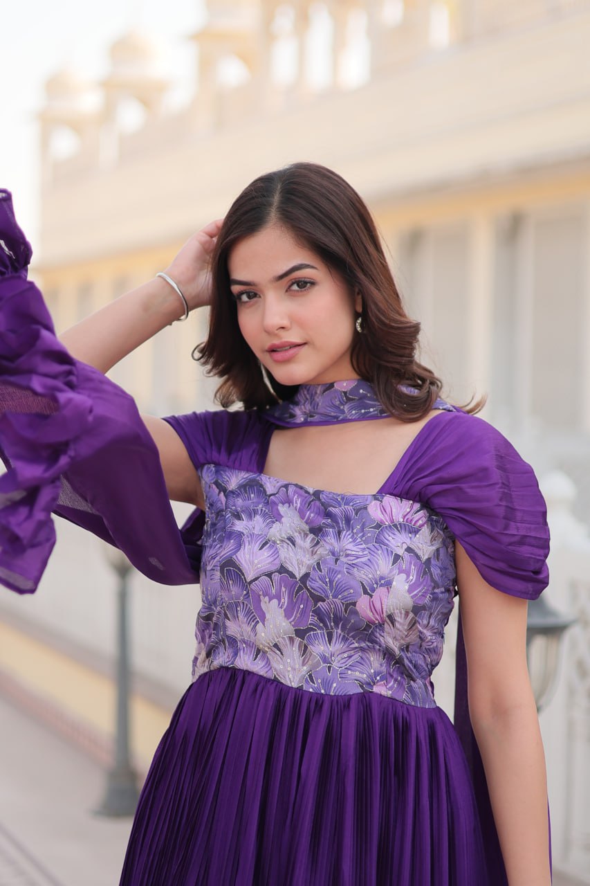 Shanta chinon purple printed anarkali gown set