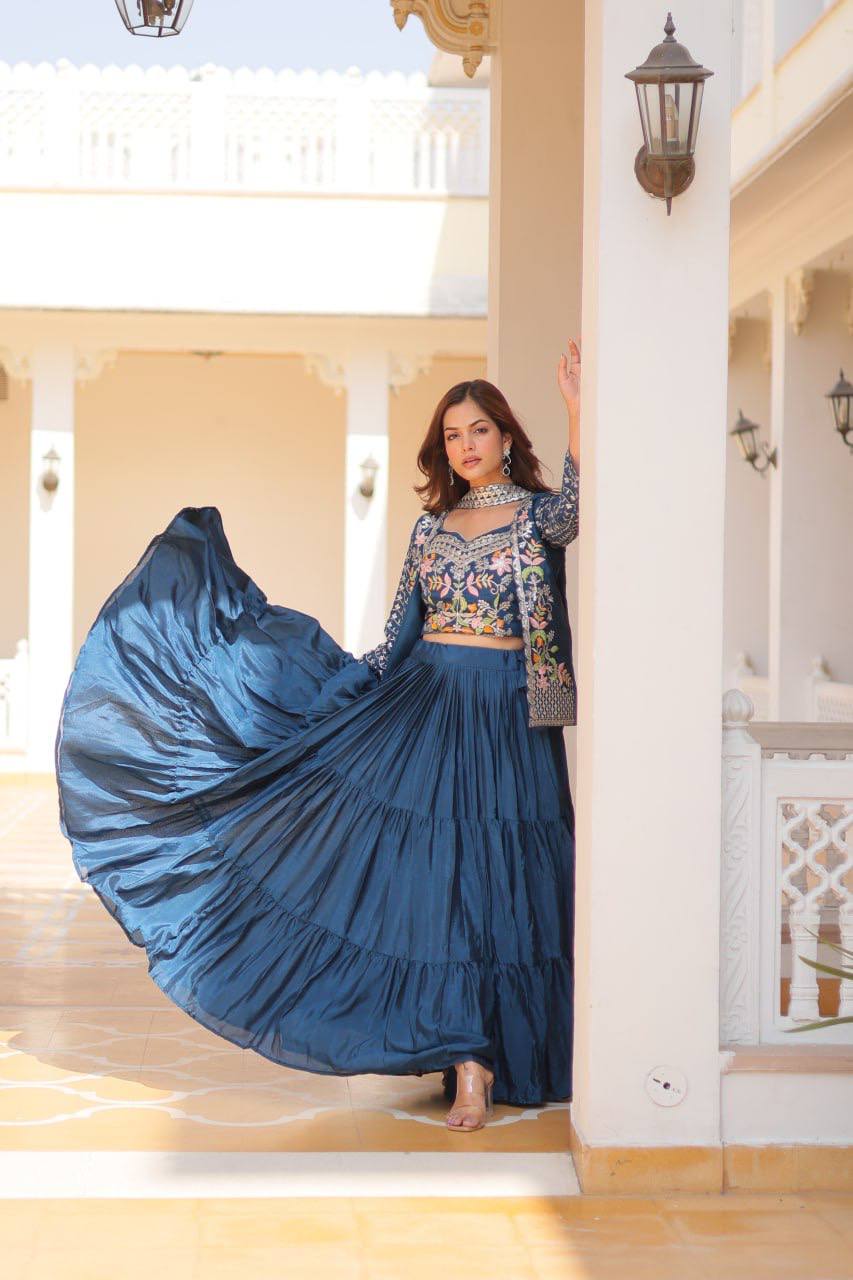 Blue chinon embroidered Maanvi designer lehenga choli koti outfit