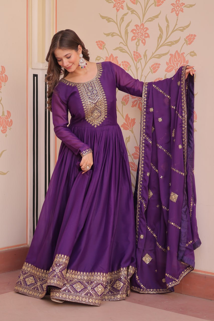 Purple Color Star Georgette Zari Sequins Embroidered Gown with Dupatta