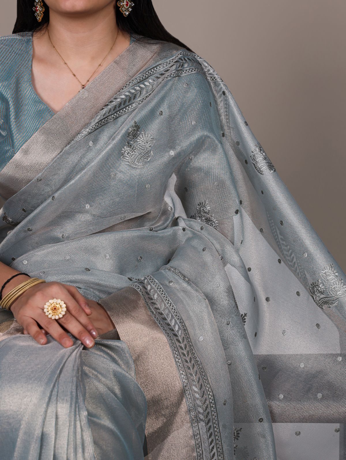 Sky Blue Color Poly Shimmer Thread Embroidered Saree with Unstitched Blouse