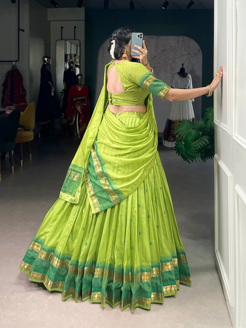 Green Chanderi Zari Weaving Work Half-Saree Lehenga