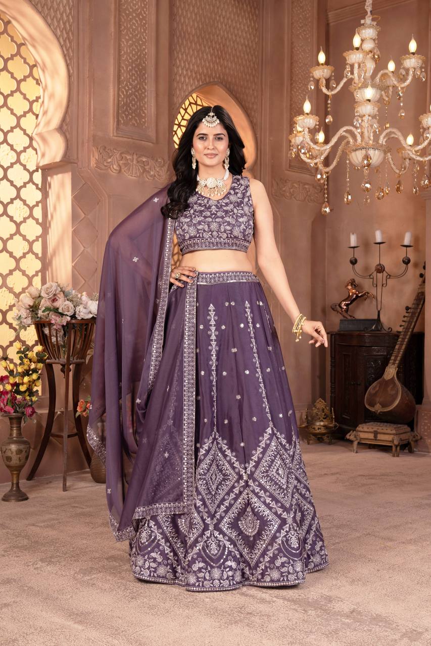 Purple star georgette sequins embroidered lehenga choli with dupatta