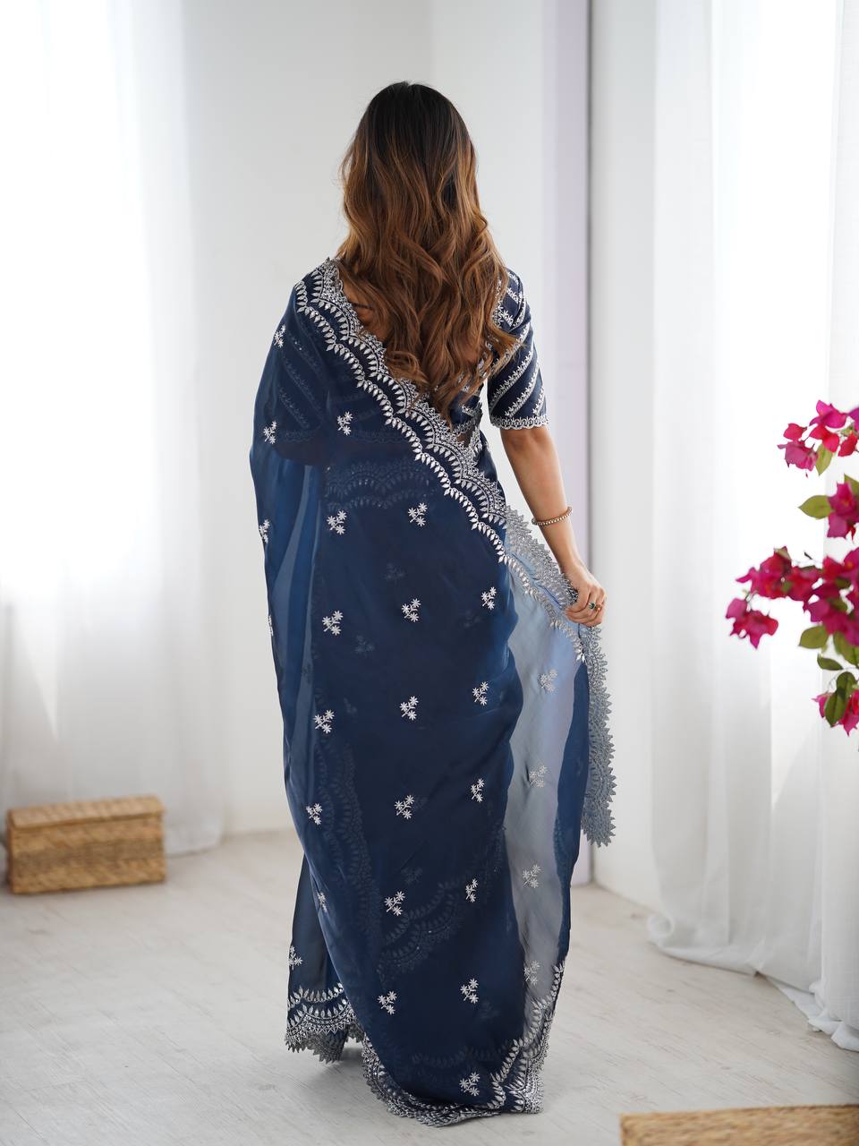 Navy blue Jimmy Choo fabric saree with thread & sequin embroidery, matching blouse—perfect for weddings, parties & festive occasions.
