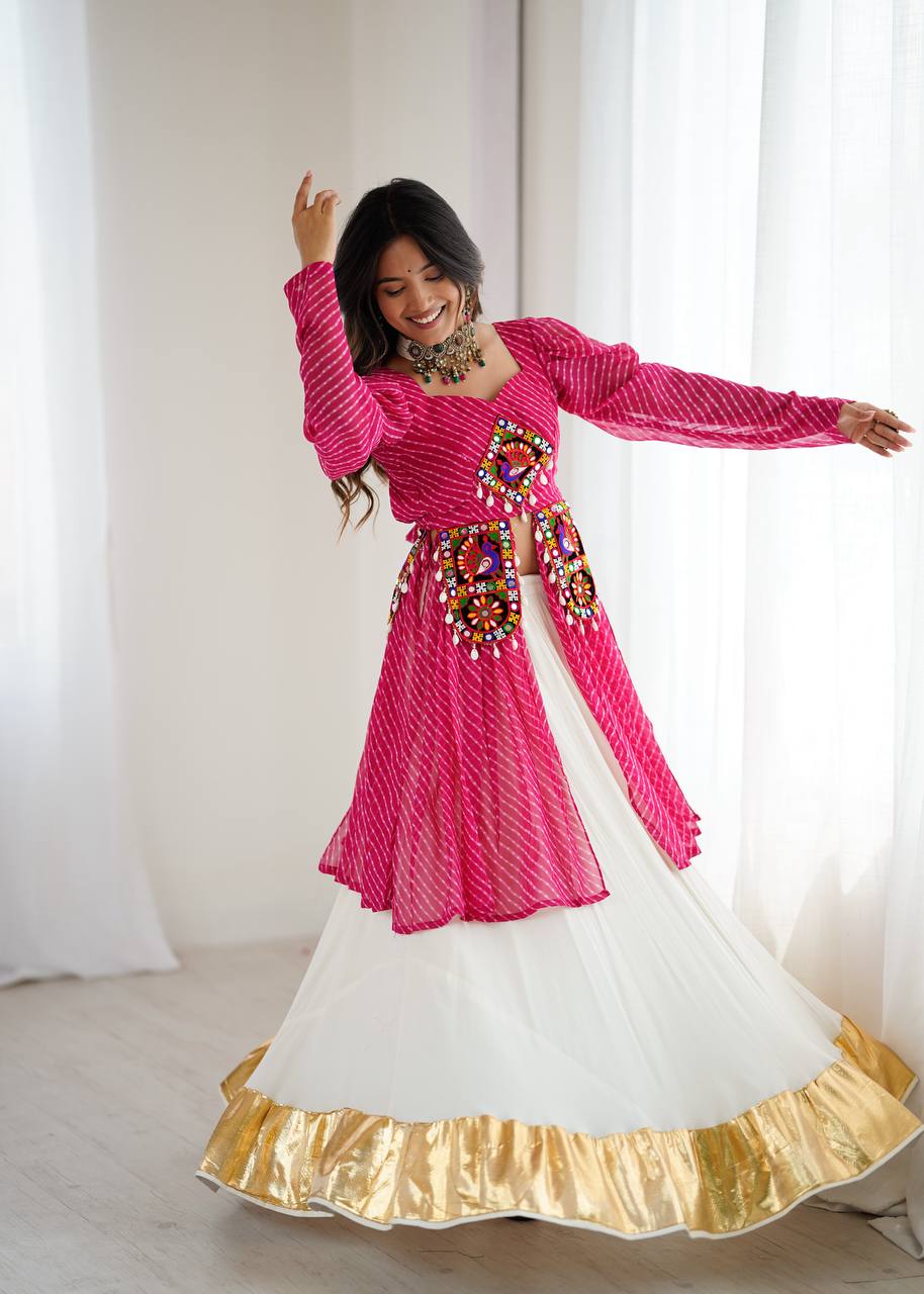 Pink Georgette Top with Digital Print and Thread Work Butter Silk Gota Patti Work Lehenga