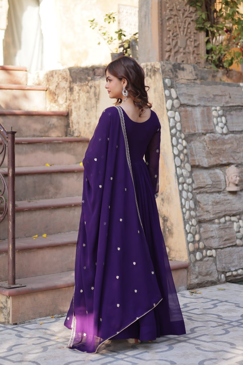 Chamvika Purple Designer Gown with Dupatta – party wear gown for women, long gown for wedding, Indian ethnic gown online, sequin embroidered gown, purple gown for reception, full sleeve gown dress, Indo western gown for girls, traditional Indian wear, stylish gown for engagement, readymade gown for festival, bridal gown with dupatta.