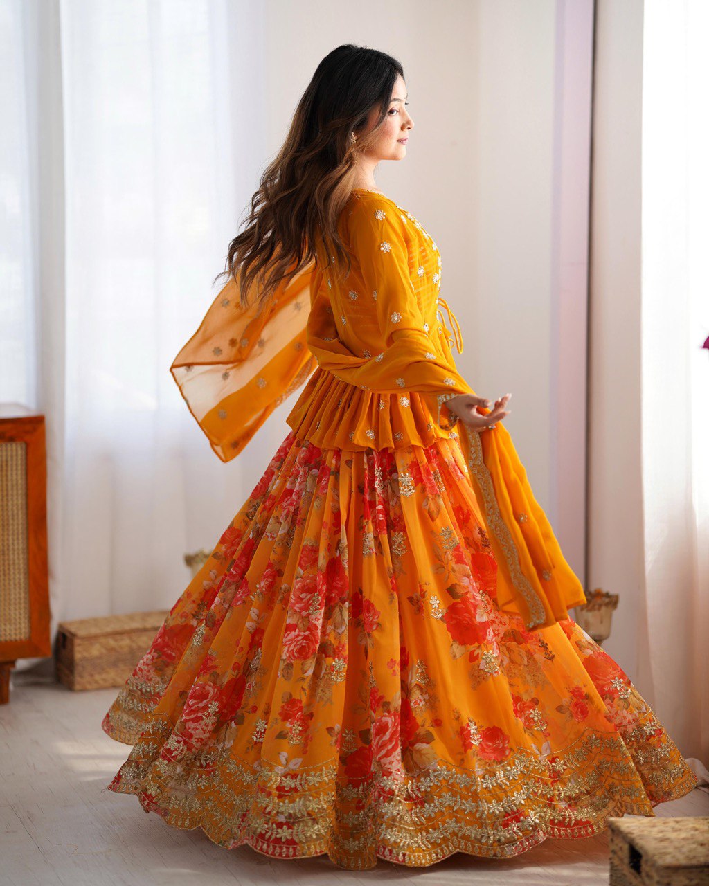 Yellow lehenga choli for Haldi, embroidered georgette lehenga with jacket, digital print lehenga, wedding lehenga set, Trinaari festive wear.