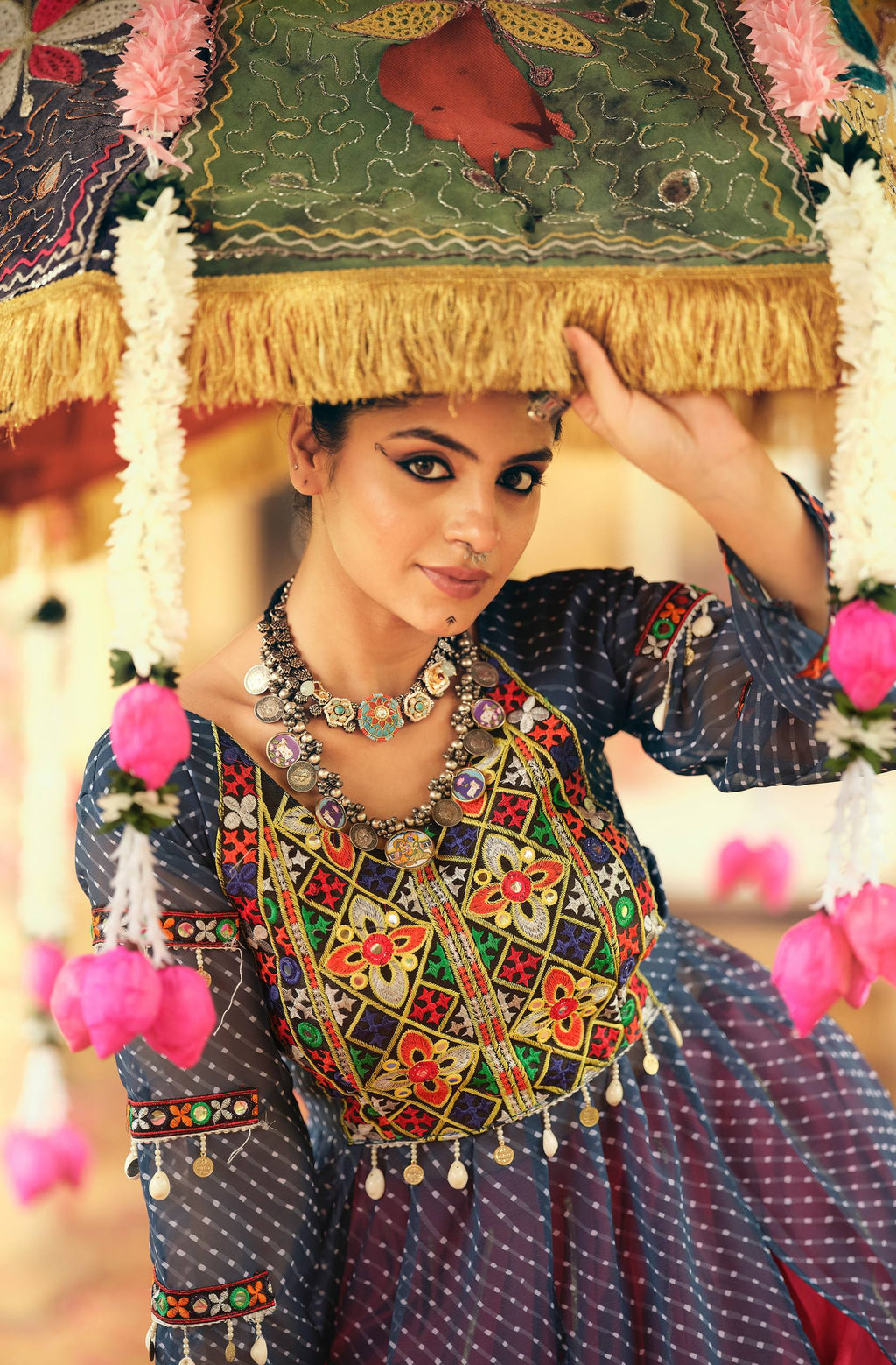 Navy Blue Pure Rayon Canvas Patta Embroidered Mirror Work Lehenga Choli