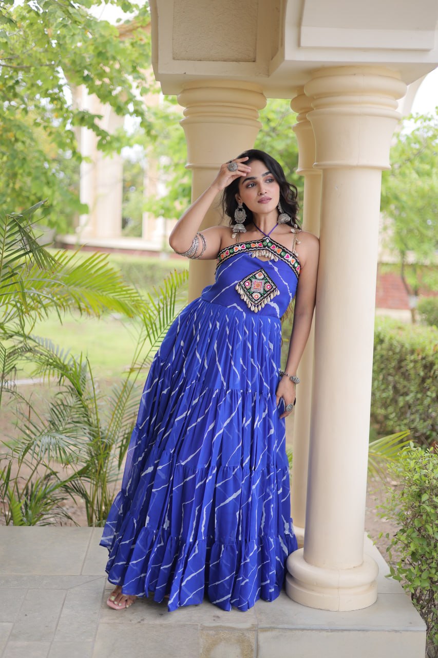 Bhavna Blue Faux Georgette Laheriya Kutchi Patchework Gown