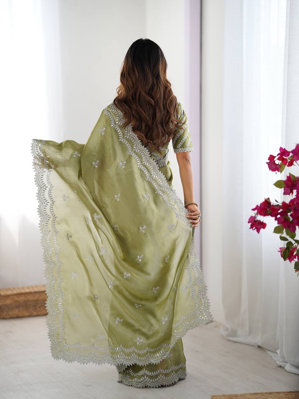 Vikatya pista green Jimmy Choo fabric saree with sequin-thread embroidery & unstitched blouse—perfect for weddings, festivals & party wear.