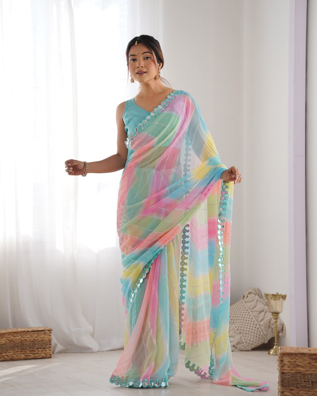 Isha Georgette Mirror Work Multicolor Saree