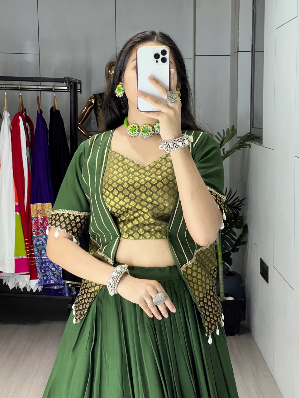 Green Color Pure Rayon Plain Butti Silk Work Lehenga Choli with Gota Patti Koti