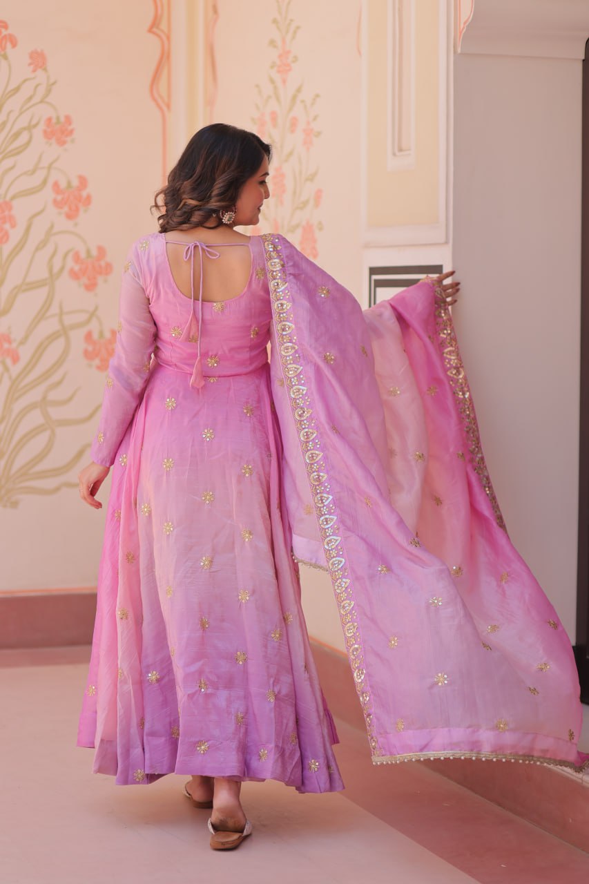 Pink Organza Flair Sequins Zari Embroidery Gown with Dupatta