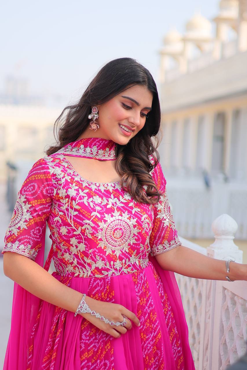 Saanvi Pure Bandhej Georgette Embroidered Gown Set