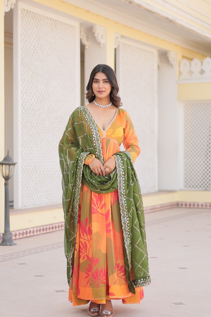 Savitri russian silk printed alia cut orange anarkali suit set