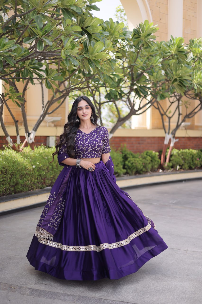 Subhadra Purple Glory Satin Embroidery Zari Sequins Lehenga
