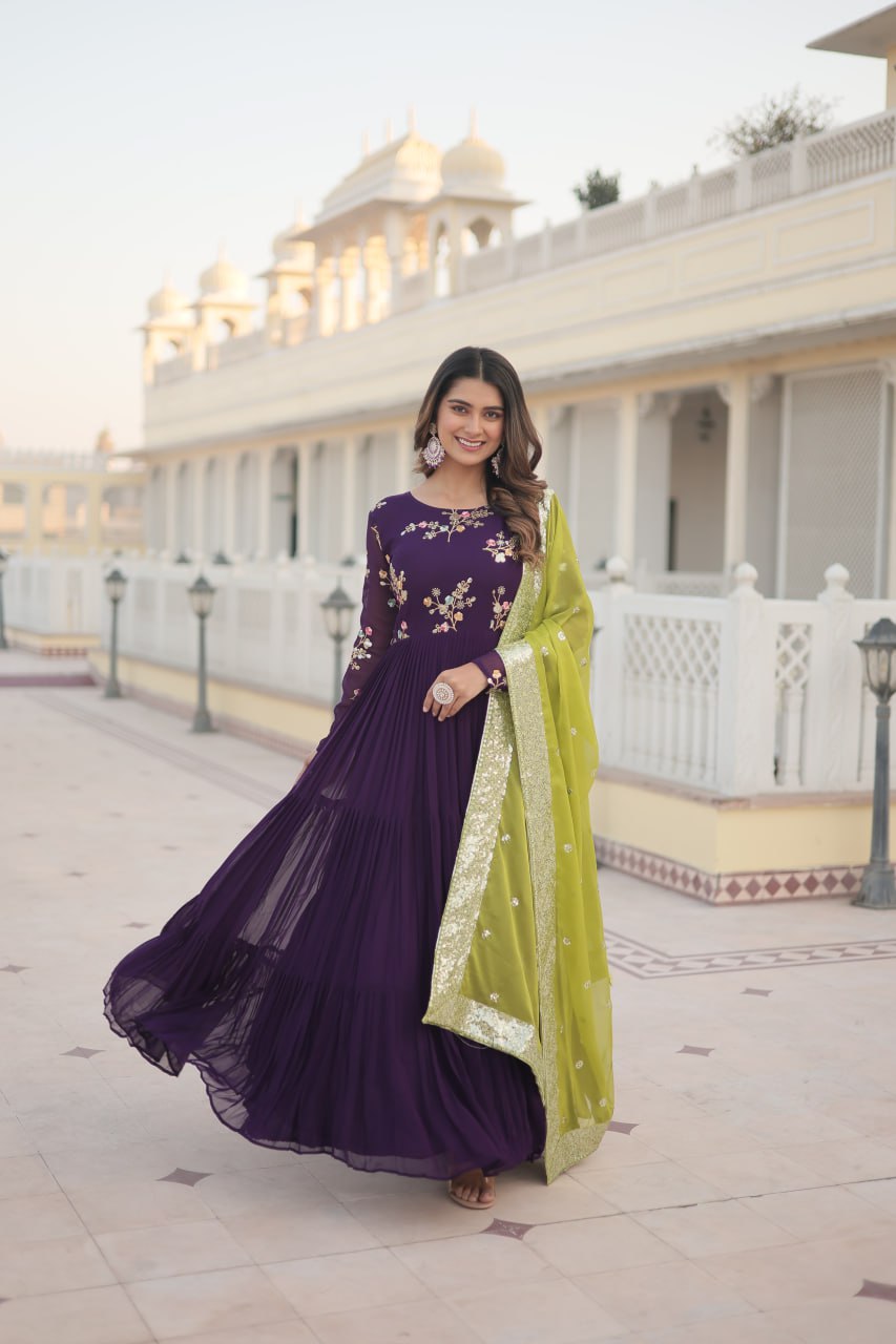 Satyabhama purple georgette anarkali gown set
