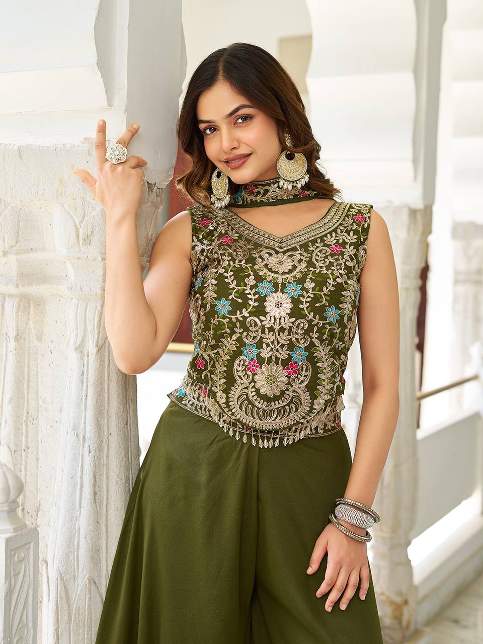 Stuti Olive Green Star Georgette Sequins Thread Embroidery Work Top Palazzo Set