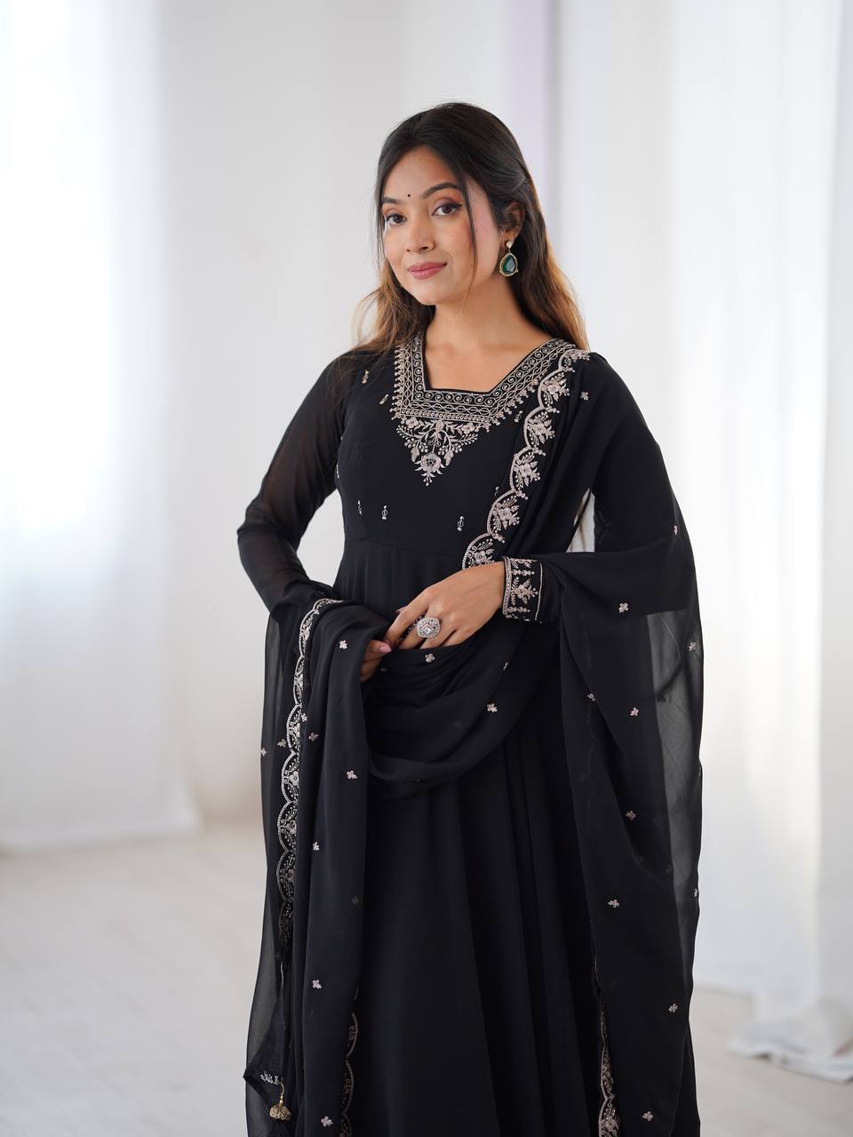 black Anarkali suit in soft Fox Georgette with 6.5-meter flair, beads & zari embroidery, lace sleeves & embroidered dupatta – stitched & ready-to-wear.