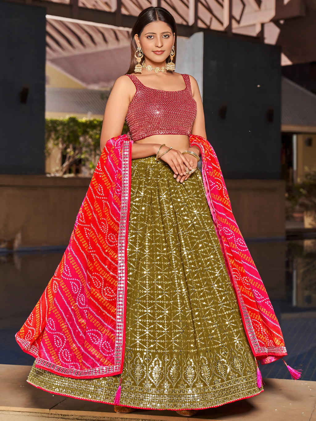 Navya Olive Green Color Embroidered Lehenga Choli with Bandhani Dupatta