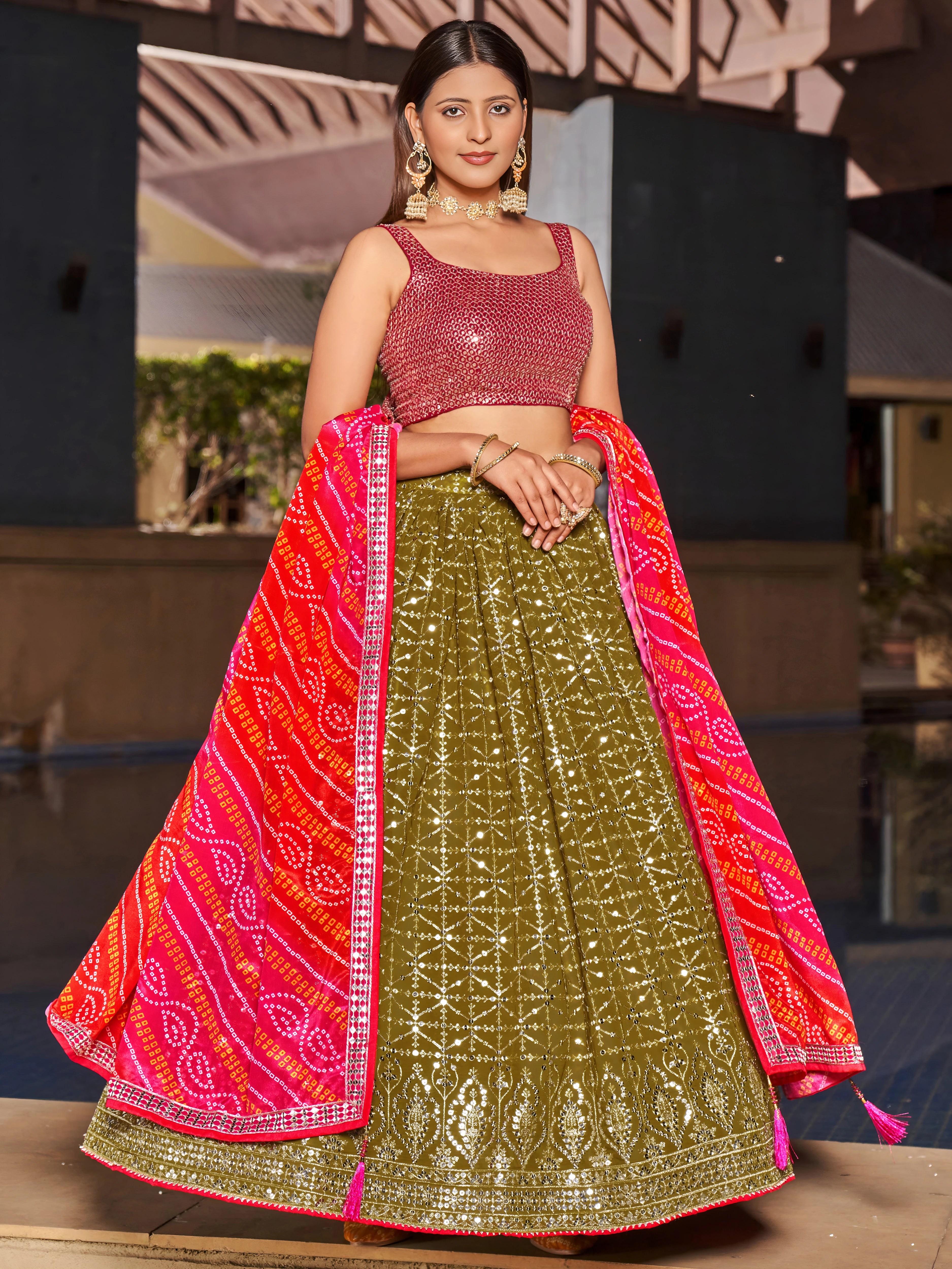Navya Olive Green Color Embroidered Lehenga Choli with Bandhani Dupatta
