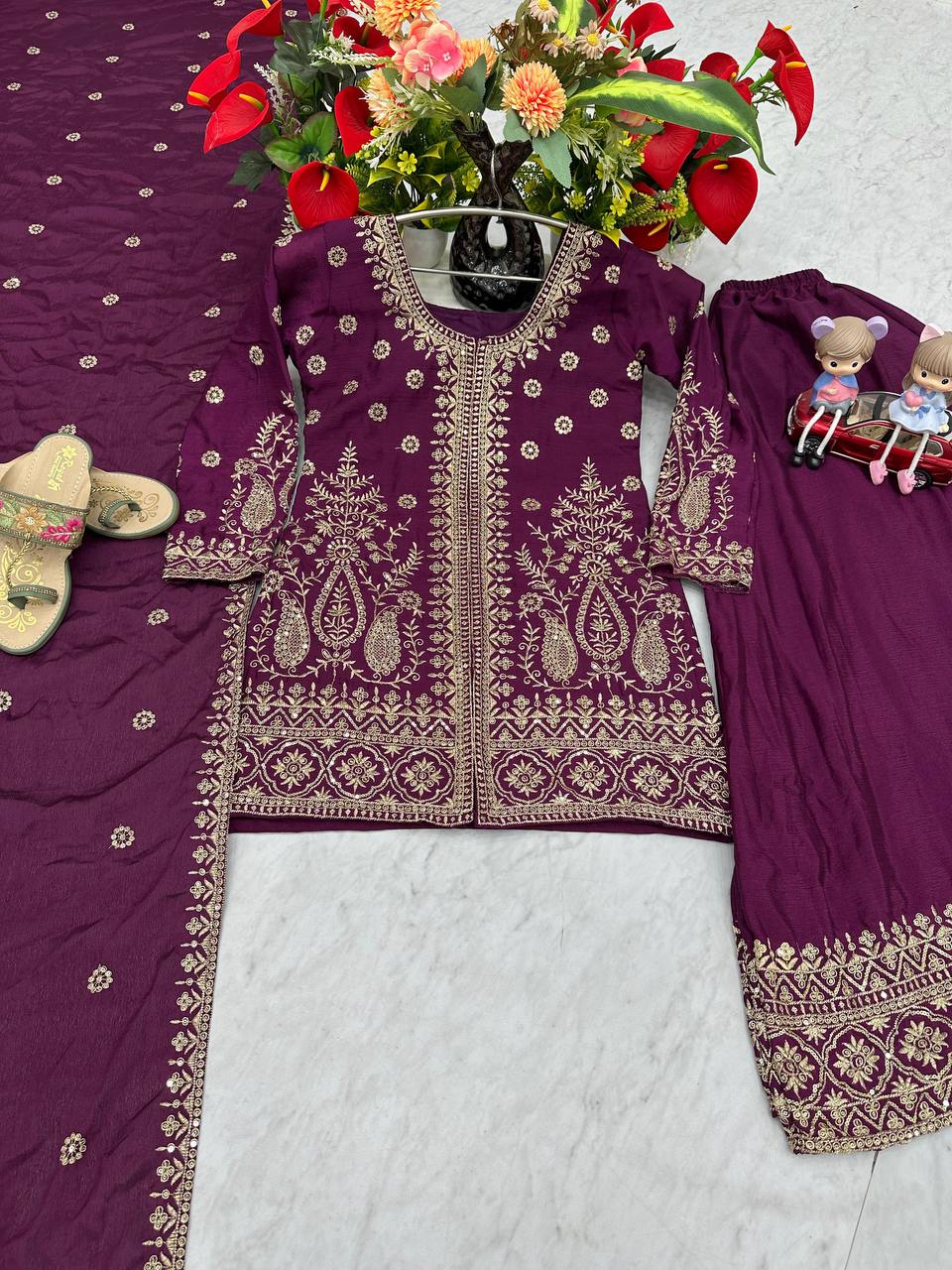 Enya purple Chinon kurti palazzo set with thread sequence embroidery work